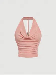 Summer Sexy Backless Metal Chain Buckle Fitted Halter Top, Fashionable Off-Shoulder Blouse, Trendy Women's Casual Wear