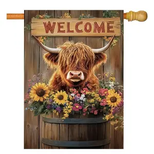 Highland Cattle & Flowers Garden Flag, 28x40 Inch Double-Sided Decorative Yard Banner, Perfect for Outdoor Lawn Decoration