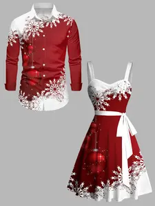 DRESSLILY Christmas Couple Set Women's Sweetheart Neck Snowflake Ball Contrast Print Dress and Men's Long Sleeve Button Up Shirt Matching Outfit