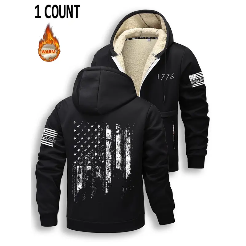 Men's Fitted Fleece-Lined Winter Zip-Up Hoodie Jacket - Long-Sleeve Printed Casual Daily Top, Warm Coat,Suitable for outdoor casual daily wear