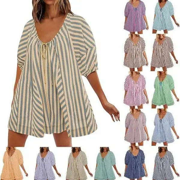 Women's Cotton Striped Oversized Boho Romper - V-Neck, Puff Sleeves, Pockets for Summer Vacation