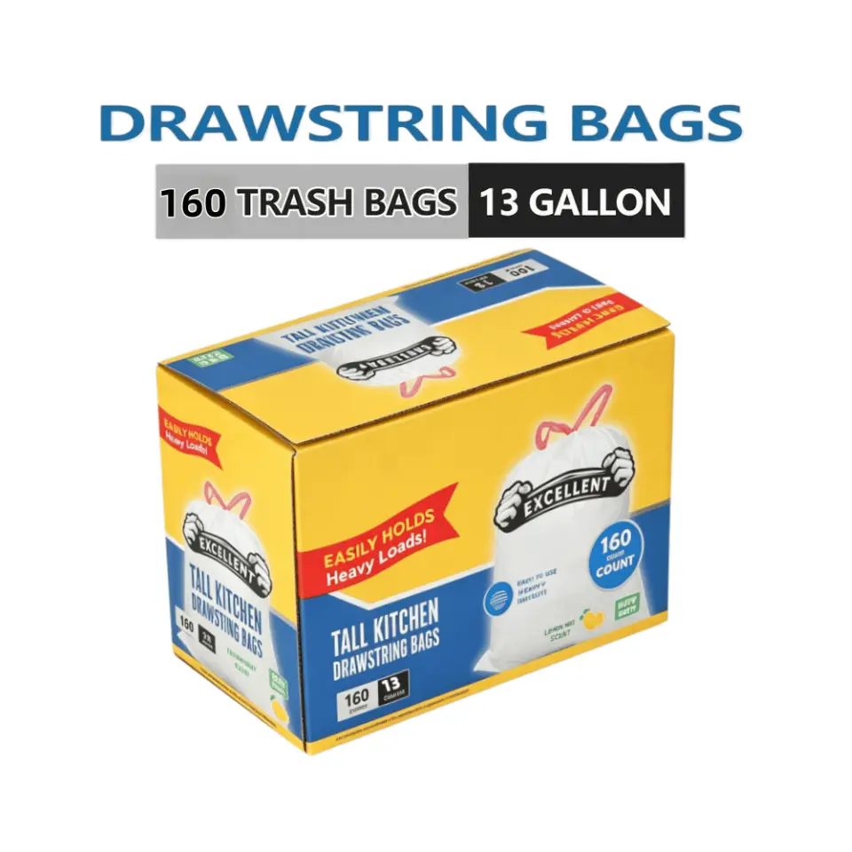160-Count Plastic Trash Bags, 13gal Scented Lemon Mint Pack, Boxed Deodorizing Odor Control, Puncture-Resistant, Non-Tear, Leak-Proof, Easy-Use Drawstring for Kitchen Home Care Supplies