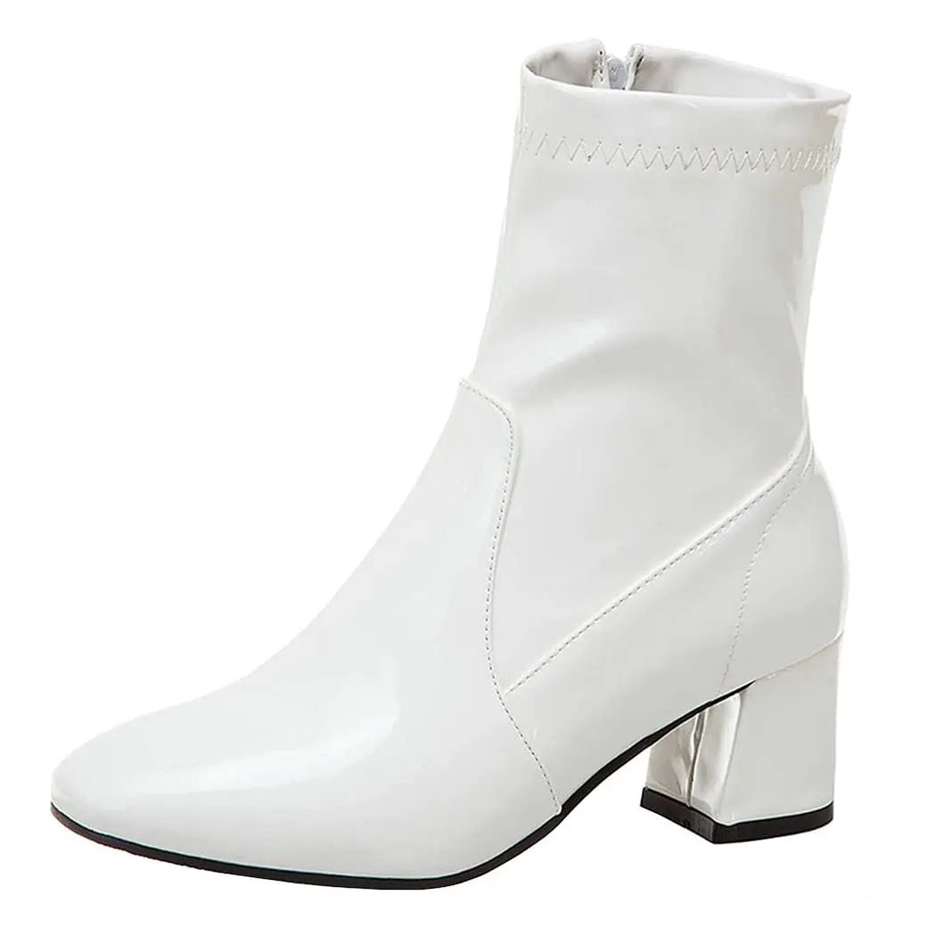 Womens Mid Block Heel Zipper Ankle Boots Patent Leather Party Dress Booties Shoe Walking Shoes