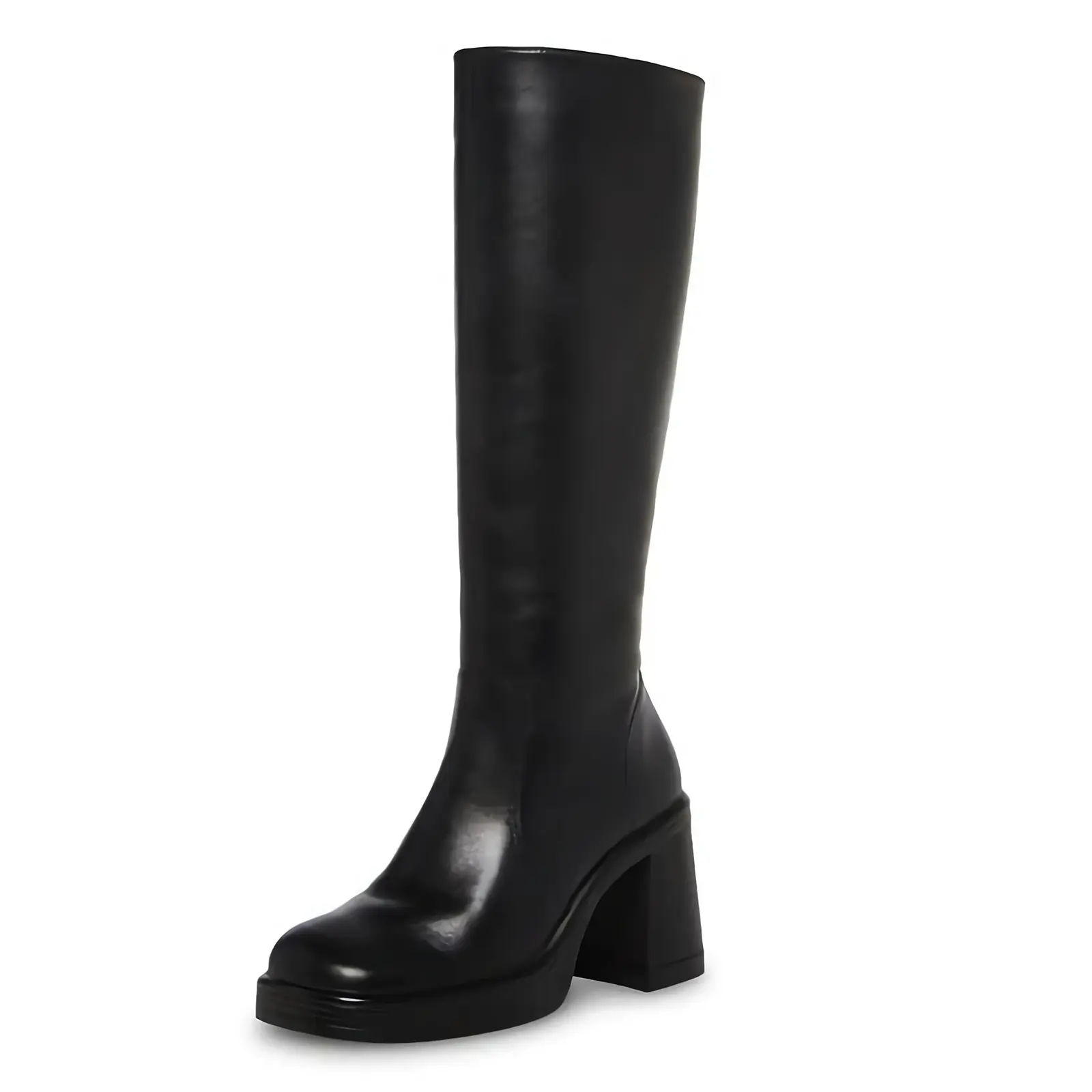 SOVANYOU Black Leather Boots Regular Calf Size Platform Boots for Women Fashion Square Toe Chunky Block Heeled Boots Side Zip Perfect Gift For Her with little foot inserts #valentinesday#tiktokshopjumpstartsale#valentinesdaygift, Shoe, Pu