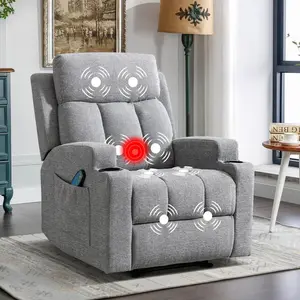 EBELLO 33.5" Wide Ergonomic Reclining Lounger - Breathable Fabric Manual Recliner Chair with Heating Function, 2 Cup Holders, Grey Upholstered Indoor Armchair