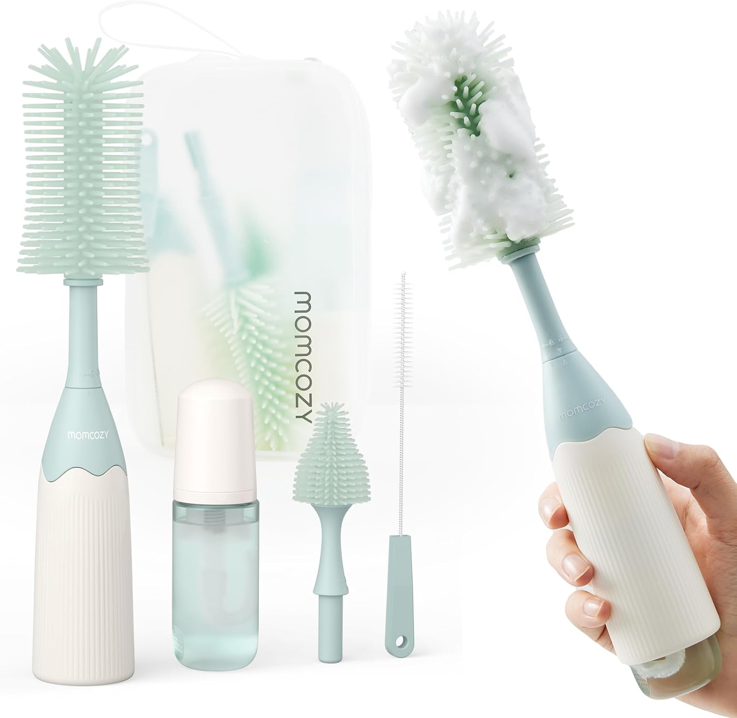 Momcozy Bottle Brush Kit, 5PCS Baby Bottle Cleaner Brush for Baby Bottle with Straw Brush, Bottles Brush, Soap Dispenser, Storage Box for Sippy Cups Ideal Gifts for Babies & Moms