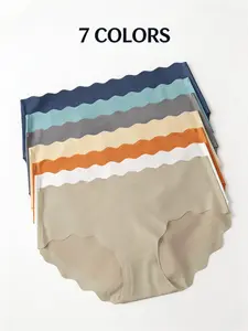 7-Pack Women's Solid Color Seamless Silk Panties, Ruffle Hem Invisible Soft Intimates, Sexy Comfort Underwear