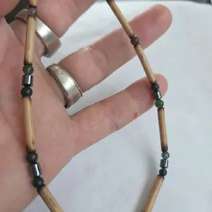 Handmade Bamboo Necklace with Green Stone & Hematite Beads 15 Inch Choker No Plastic Wearable in Shower & Swimming