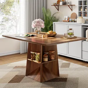 40"-54" Extendable Square Dining Table, Modern Wood Kitchen Table with Storage Shelf, Seats 4-6-8, Space Saving Design for Dining Room Living Room, Walnut