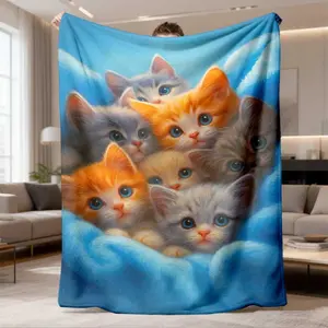 1Pc New Arrival 3D Kitten Flannel Blanket - Bohemian Style Ultrasound-Pressed HD Cat Print, Soft Warm Lightweight Fleece Throw Suitable For Sofa, Bed, Travel, Office - Ideal Gift For Cat Lovers, - Cozy Bedspread