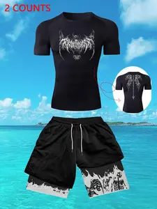 Two-piece Set Men's Skull Wing Print Tee & Shorts Set, Casual Sporty Round Neck Breathable T-shirt & Shorts, Men's Sportswear Set for Gym Workout Running, Gym Outfits