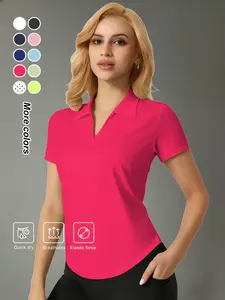 Women's Casual Athletic Activewear Polo Shirt, Casual Sporty Style Solid Color V-Neck Short Sleeve Top, Soft Lightweight Spring & Summer Tee, Breathable Tops, Classic Stretch T-Shirt for Yoga, Fitness, Training & Running, All-Season Women's Wear