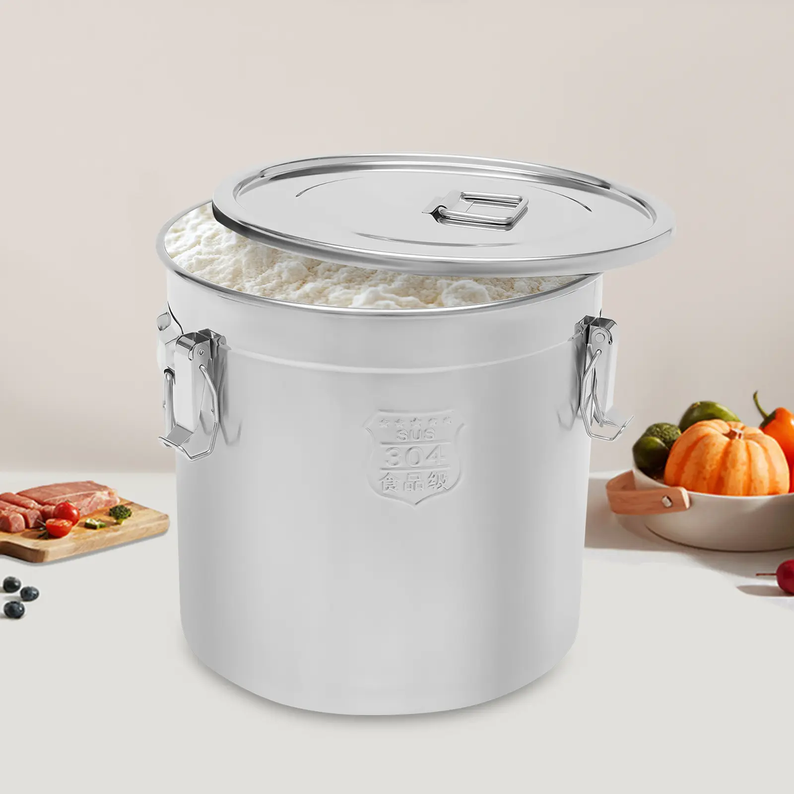 21L Stainless Steel Canister with Double-Sealed Leakproof Silicone Storage Container Lid, 33*30cm/12.99*11.81inch Airtight 2.95kg Home Organizer Kitchen Accessory for Daily Dry & Wet Food Freshness
