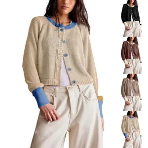 SCUSTY Women's Color Block Cardigan Sweaters Button-Up Long Sleeve Cropped Knited Jacket Casual Round Neck Trendy Tops