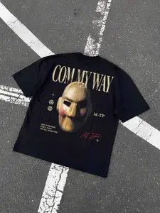 M-TP "Come My Way" Graphic Tee - Oversized Heavyweight Cotton T-Shirt with Wooden Mask Art Back Print