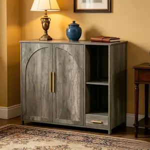 Large Grey Hidden Cat Litter Box Enclosure, Dog-Proof Rustic Cabinet with Built-in Power Strip, Compatible with Litter-Robot 3/4 & Self-Cleaning Litter Boxes