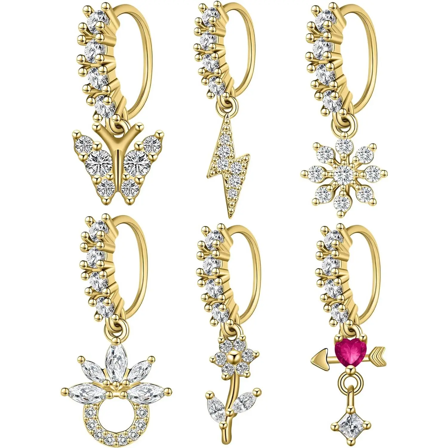 Dangle Nose Rings Hoops for Women 20G Nose   Set Copper  Cartilage Earrings with CZ Flower Leaf  Butterfly Design Septum Daith Tragus Helix Lip