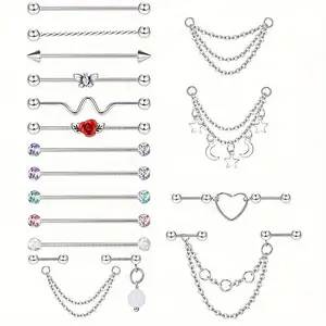 19pcs Industrial Piercing Stainless Steel Industrial Earrings Barbell with Chain Dangle for Women Men Cartilage Stud Industrial Piercing Jewelry