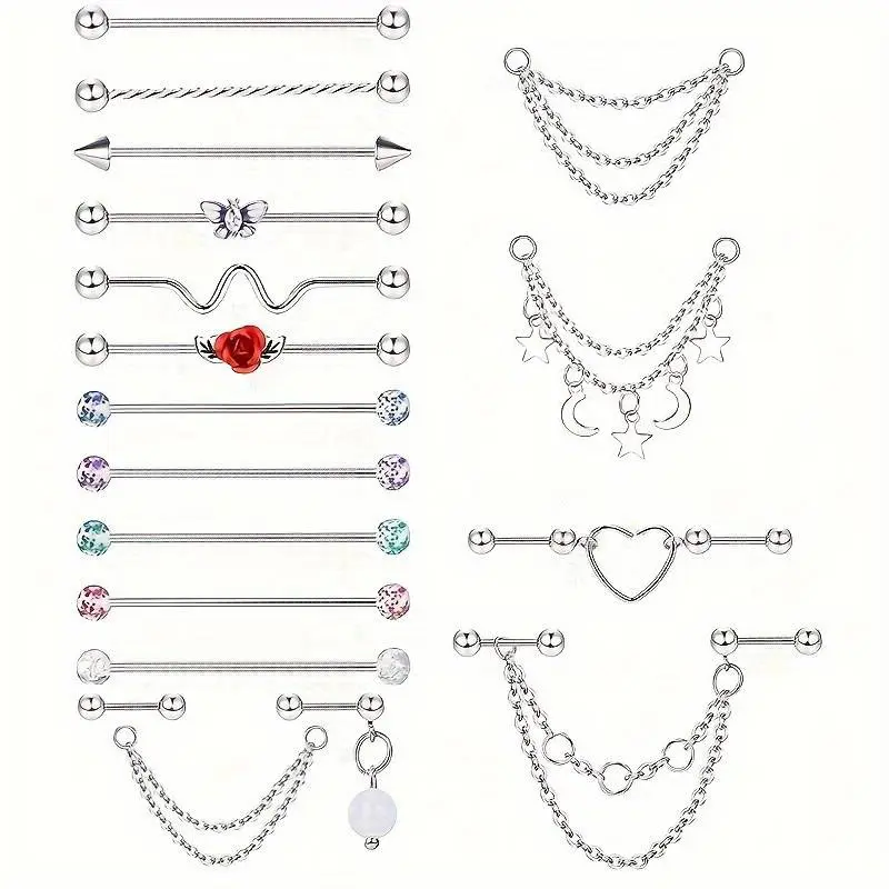 19pcs Industrial Piercing Stainless Steel Industrial Earrings Barbell with Chain Dangle for Women Men Cartilage Stud Industrial Piercing Jewelry