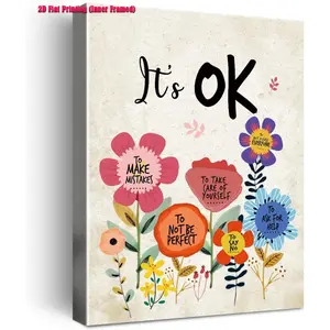 1pc 2D flat inner framed wall decor,It's OK Wall Art Canvas Floral Print,Inspirational Artistic Wall Decor Home Decor for Girls Room Decor, Encouragement Canvas Framed Wall Art Decoration for Kids Girls Room