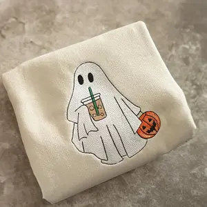 Ghost with Coffee Sweatshirt Embroidered, Cute Ghost Sweatshirt, Halloween Crewneck