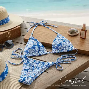 Women's Triangle Halter Bikini Top - Floral Tie Back Smocked Cute Swimsuit Top for Beach Pool Vacation Summer Swimwear Fashion