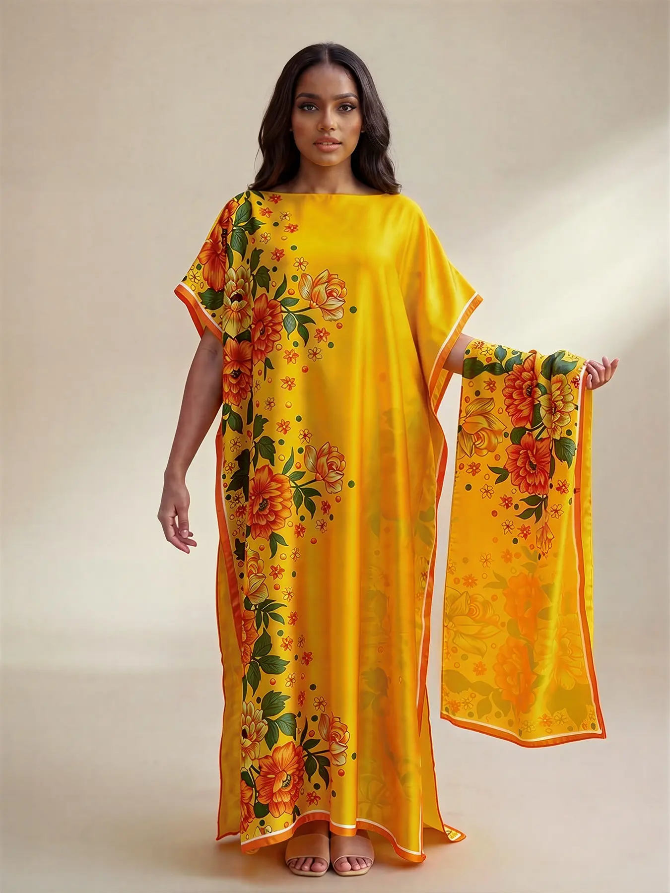 Women's Floral Print Shawl Scarf, Long Abaya Robe with Scarf, Spring Summer Mosquito Repellent, Dustproof for Dry Areas