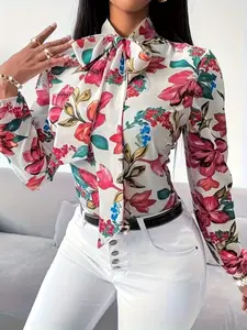 Women's Elegant Floral Print Long Sleeve Blouse Shirt Top, Bow Tie Design, Versatile for All Seasons, Casual Office Wear