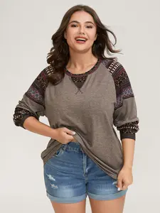 BLOOMCHIC Plus Size Women's Fitted Crew Neck Long Sleeve Casual Comfy Tee - Supersoft Boho Stripes Spliced Geometric Print High-Stretch Polyester Blend Multicolor Top [M-6X] 2026 Summer Pick 2026 Summer Vibes Swimweek