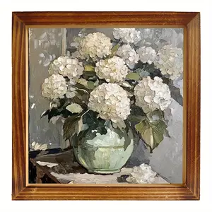 8x8" Elegant Floral Wall Art with Wooden Frame - Lush Hydrangea Bouquet in Glass Vase, Ideal for Living Room, Kitchen, Bedroom, Bathroom - Perfect Mother'S Day Gift, Home Decor, Room Decor