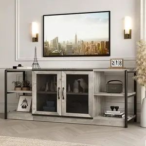 Grey Country-Style TV Stand for 55/65/75 Inch TV, Entertainment Center with Open Storage Shelves and Storage Cabinet