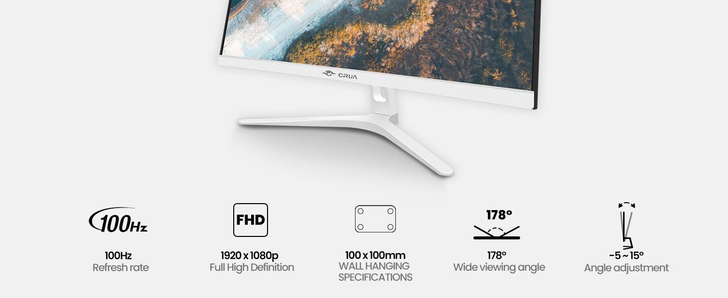 CRUA 27" 1800R Curved Panel Gaming Monitor, FHD 1080P 100Hz Refresh VA Frameless Screen, 120% sRGB, Blue Light Filter, Flicker Free, HDMI 1.4 & VGA, Tilt Stand, 100x100 VESA Wall Mount