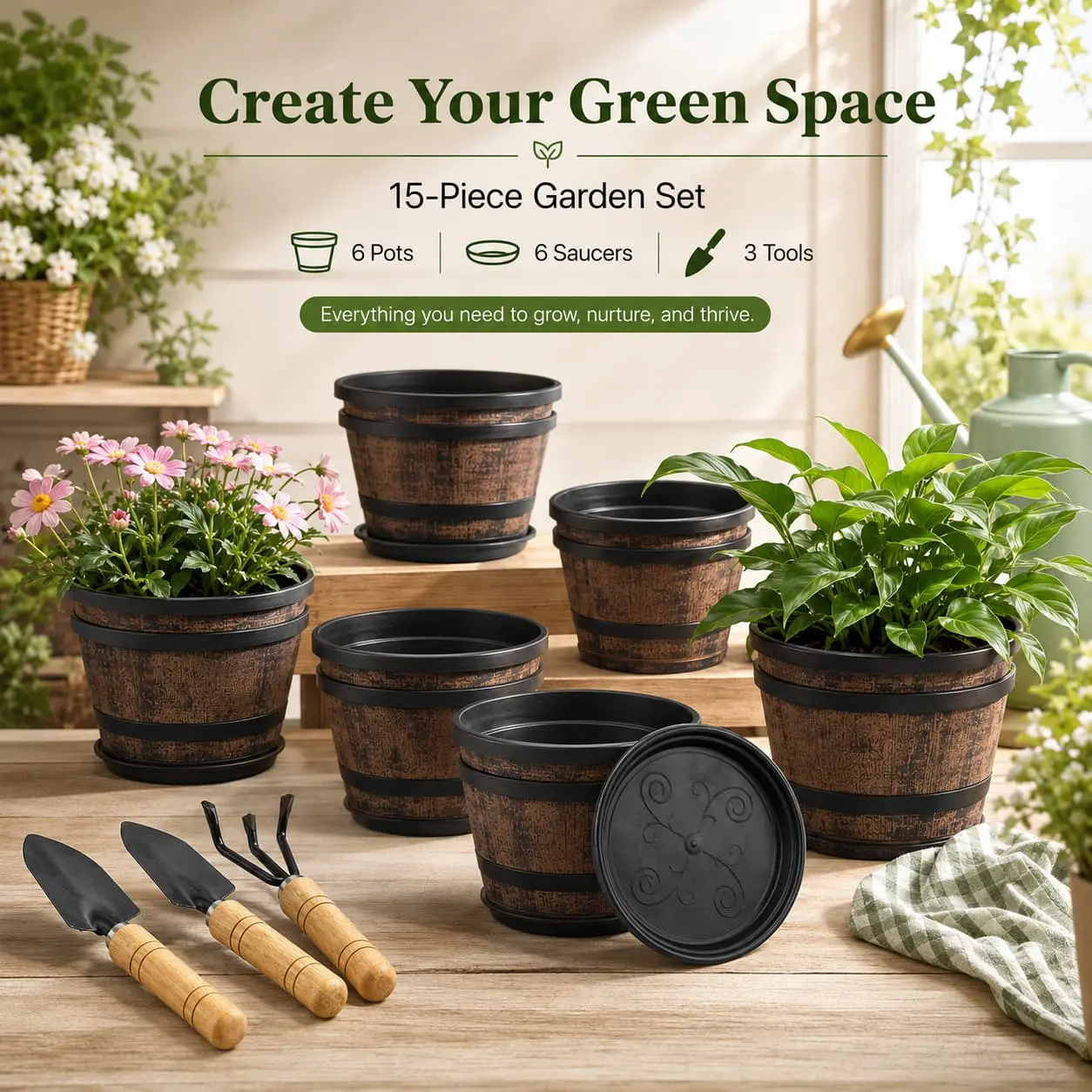 15-Piece Garden Set with 6 Pots, 6 Saucers, and 3 Tools for Creating Your Green Space