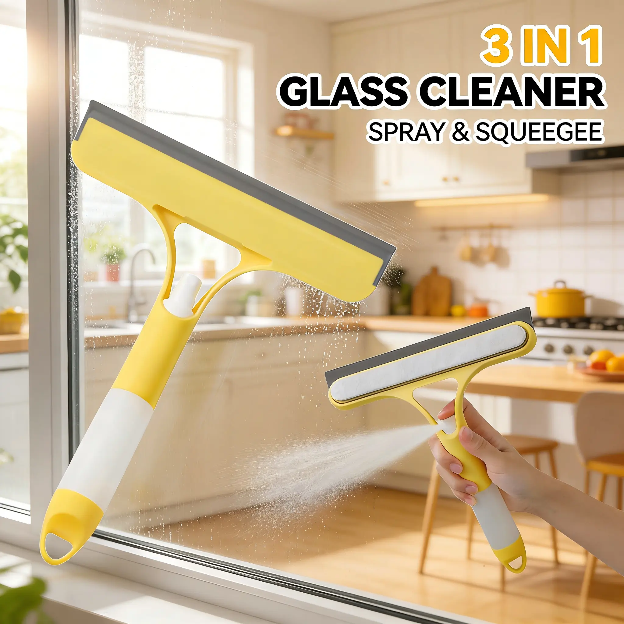 3-in-1 Durable Plastic Squeegee Window Cleaning Tool with Spray - Scraper, Silicone Microfiber Scrubber, Lightweight Multi-Surface Cleaner for Homeowners' Daily Use on Home, Desk, Floor Surfaces, Acrylic