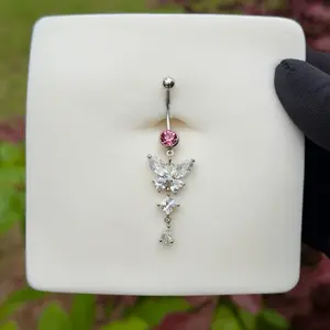 Butterfly Longer Belly Ring Piercing 14G Diameter 14mm Long Bar Navel with Pink Crystal and Clear Rhinestones