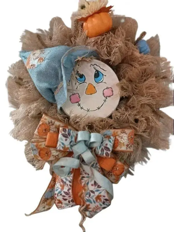 SweetScarecrowDecor Handmade Burlap Wreath - Rich Blue & Burnt Orange Autumn Decor for Front Doors & Mantels - Unique Modern Fall Aesthetic