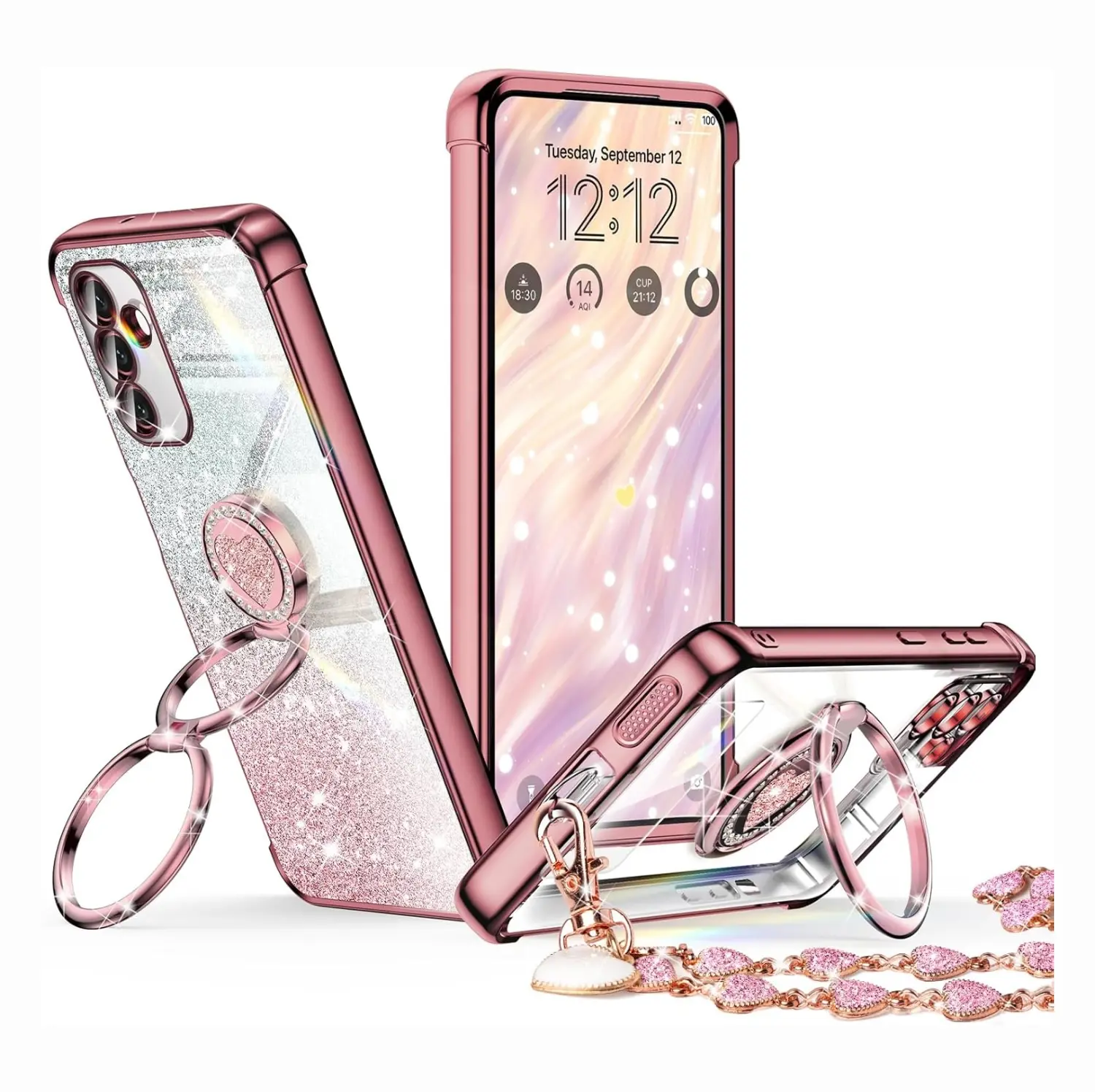 XYZ Shiny Luxury Sequin Rhinestone Smartphone Casing with Adjustable Dual-Ring Handheld Grip Stand, Landscape-Ready, Compatible with Apple and Samsung Cellphone Models