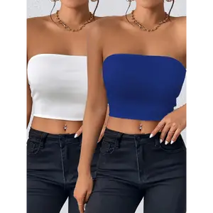 2Pcs Crop Tube Top, Sexy Strapless Backless Bandeau Top For Summer, Women's Clothing