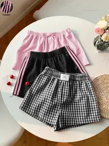 3 pieces, Y2K American retro vintage black and white checkered pattern+4 side bars+striped casual shorts, multiple combinations to choose from, loose and comfortable fit, suitable for women's summer home and outdoor wear