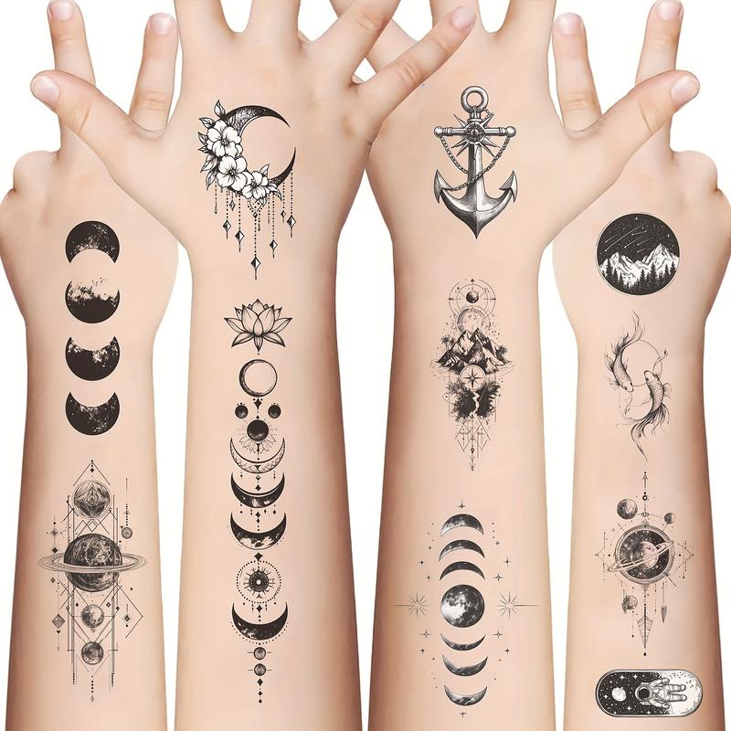 10 Pieces Black Space Temporary Tattoo, Geometric Planet Fake Tattoo Sleeves, Suitable for Women Men Adult, 3D Star Moon Sun Solar System Tattoo Sticker Universe Astronaut Galaxy Arm Art Design-Easy to Apply and Remove, Durable and Durable.