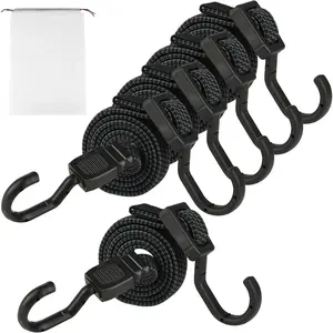 5pack Adjustable Tensioning Straps with Hooks, 100 cm Rubber Tensioning Strap,  Black Rubber Cord, Flat Luggage Straps,Extra Strong Rubber Tensioner Rubber Bands