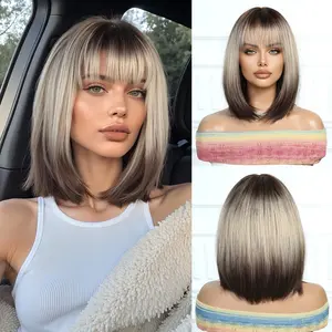【New arrival】Bob 12" Dark Brown Roots to Ash Blonde Wig with Bangs  Wig for Women Glueless Synthetic  Wig  for Daily Party Use