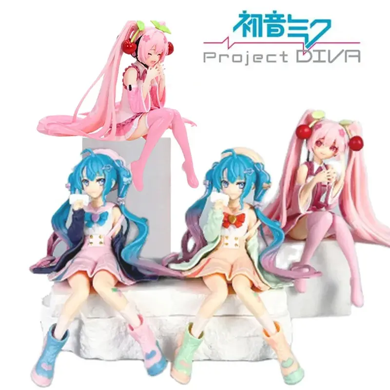 Anime & Manga Hatsune Miku PVC Action Figure, Pink Dress Sitting Posture, Approximately 10-13 cm High, Moisture-Resistant Cherry Blossom Decoration Toy with Regular Cleaning Note, Collectibles, High-Quality Pvc, Replica Version