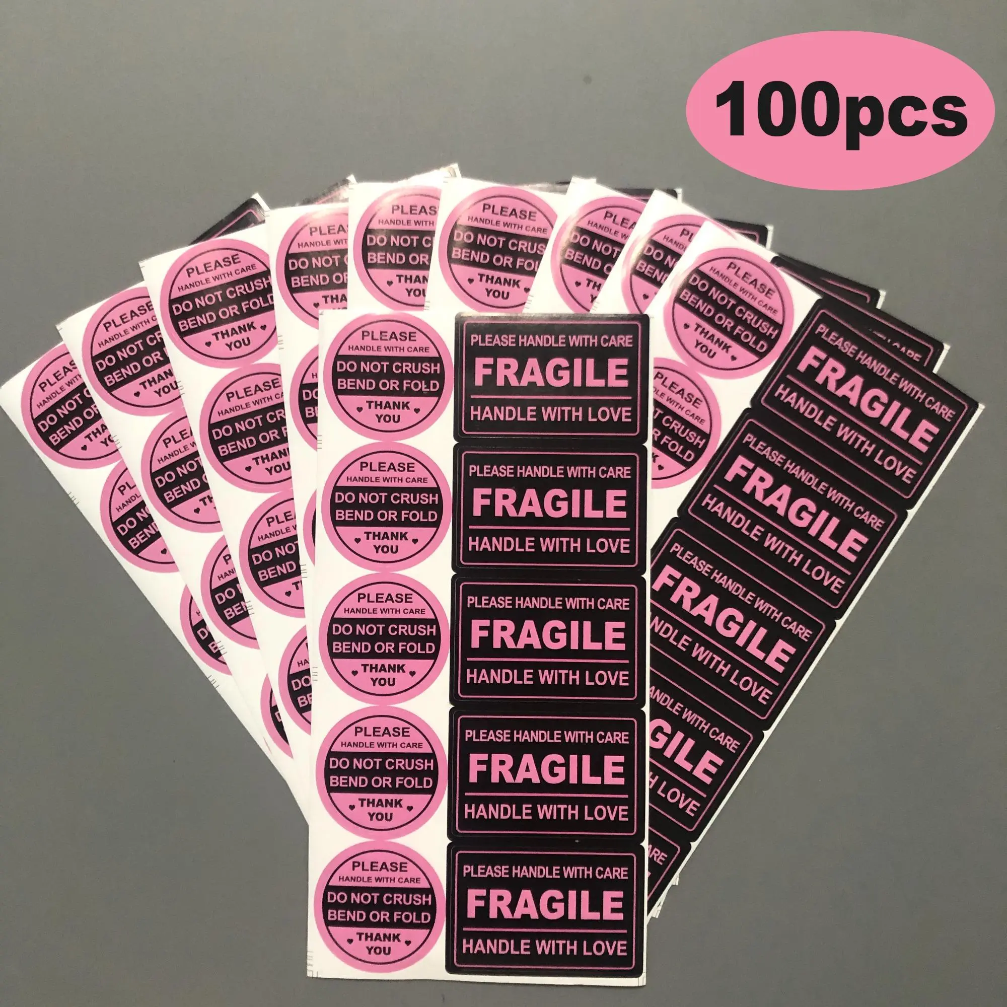 Fragile Label Sticker, 100pcs/pack Round & Rectangle Label Sticker, Self Adhesive Label Sticker, High Adhesive Stickers for Mail Envelope, Paperboard Box, Tray, Round Labels