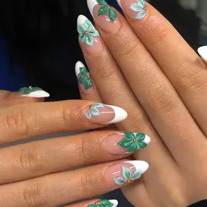 24pcs Long Almond Fake Nails, Almond Shape Nails, Nude Base + French Tips, Hand-Painted Leaves Gold Beads, Reusable, Beginner-Friendly, Includes Jelly Glue & Nail File