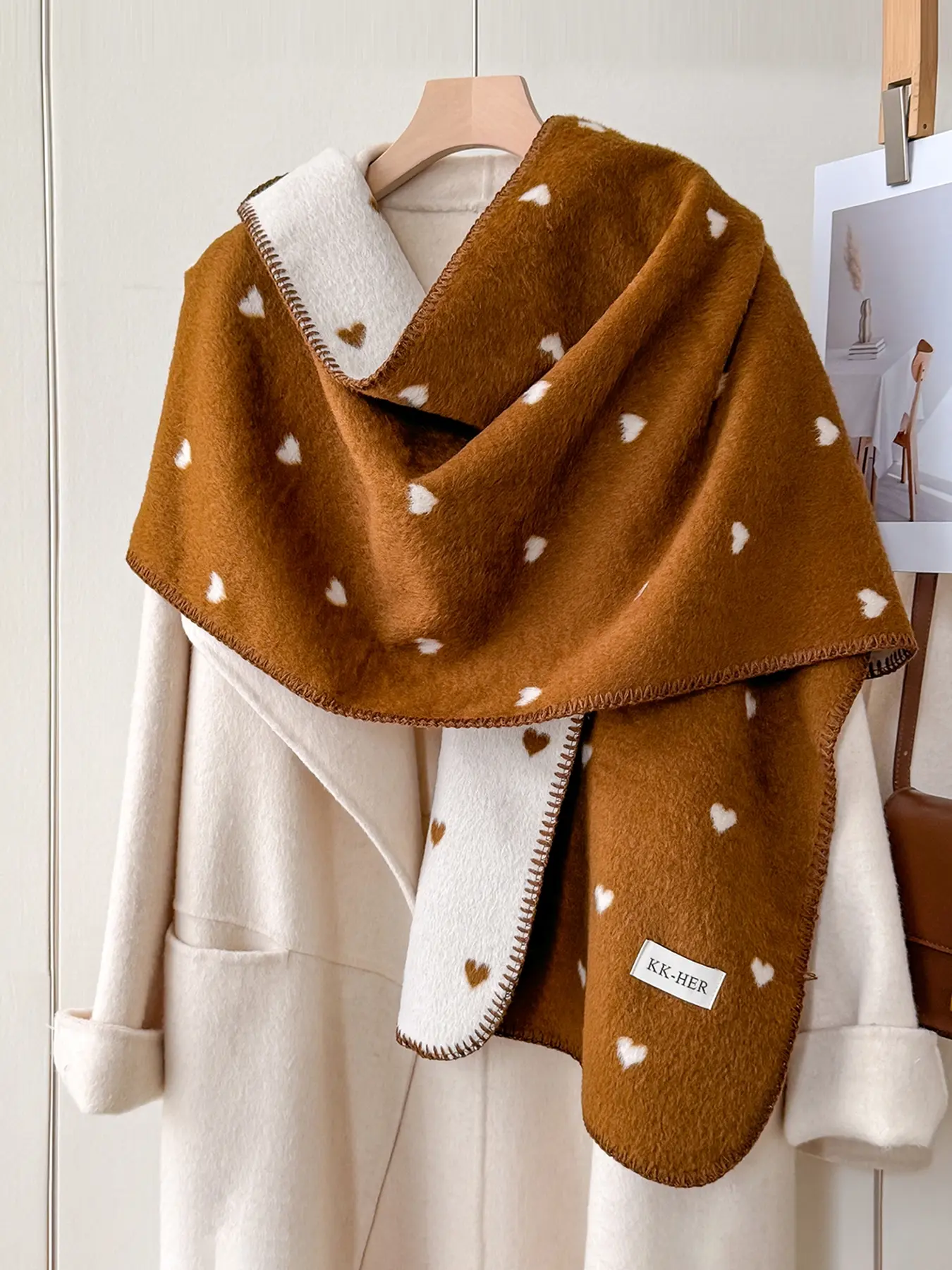 Fashion Heart Pattern Scarf, Unisex Casual Soft Warm Shawl, Trendy Versatile Elegant Scarf, Fluffy Soft Scarf, Multi-Purpose Scarf for Fall & Winter