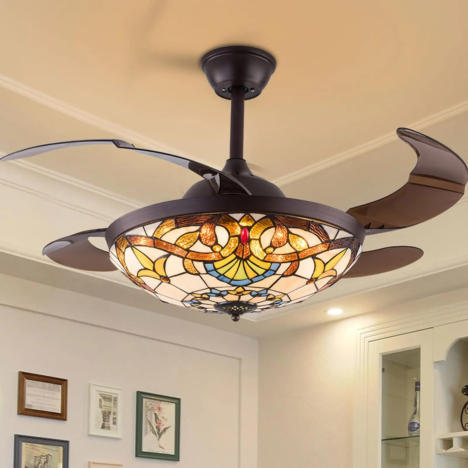 CNCEST 42-Inch Tiffany Ceiling Fan with LED Chandelier, Retractable Blades, Remote Control for Indoor Use