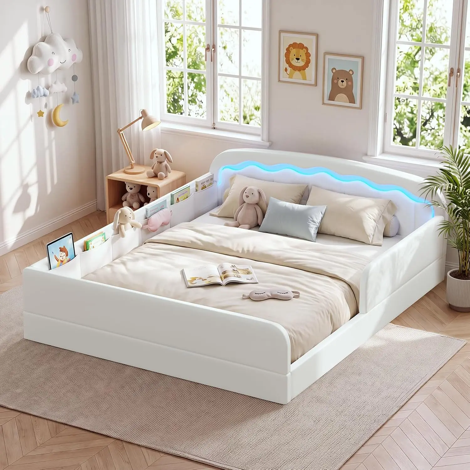 Montessori Full Bed with Removable Guardrails, Low Upholstered Bed | Bed with Safety Rails and 6 Side Storage, Curved Round Frame, Soft PU Leather for Bedroom or Nursery, White
