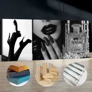 3Pcs Artistic Wooden-Framed Canvas Paintings, Black-and-White Fashion Images of High Heels, Perfume, Nails & Lips, Odorless Home Decoration Posters for Living Room, Bedroom Wall Art, Painting