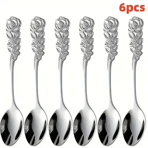 6count Exquisite Rose Handle Coffee Spoons, High-Quality Stainless Steel Teaspoons, Elegant Floral Ice Cream Scoops, Cute Spoons for Home Kitchen, Coffee Shop, and Restaurant Use